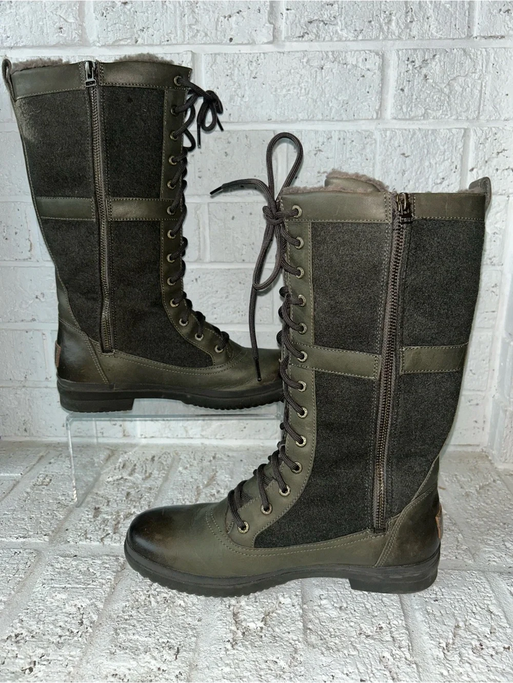 Ugg Elvia Tall Boot Leather Wool Dark Olive Green Size 10